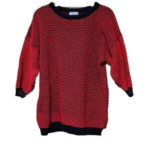 Vintage ADELE Knitwear Woman’s Red Black Knit Sweater Size Medium USA 3/4 Sleeve